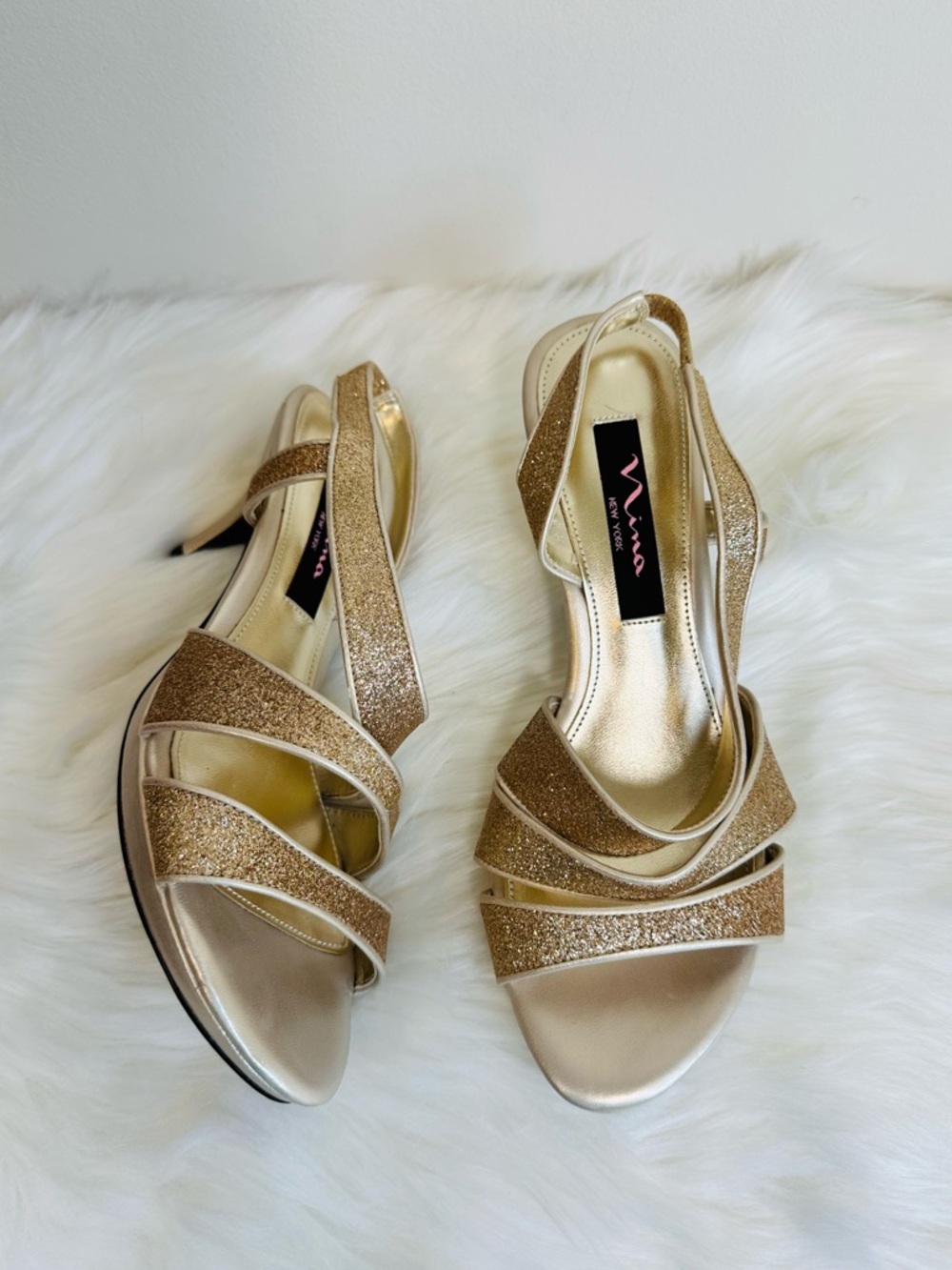 Nina Baby Glitter Open Toe Strappy Slingback Heels in Gold Size 6.5